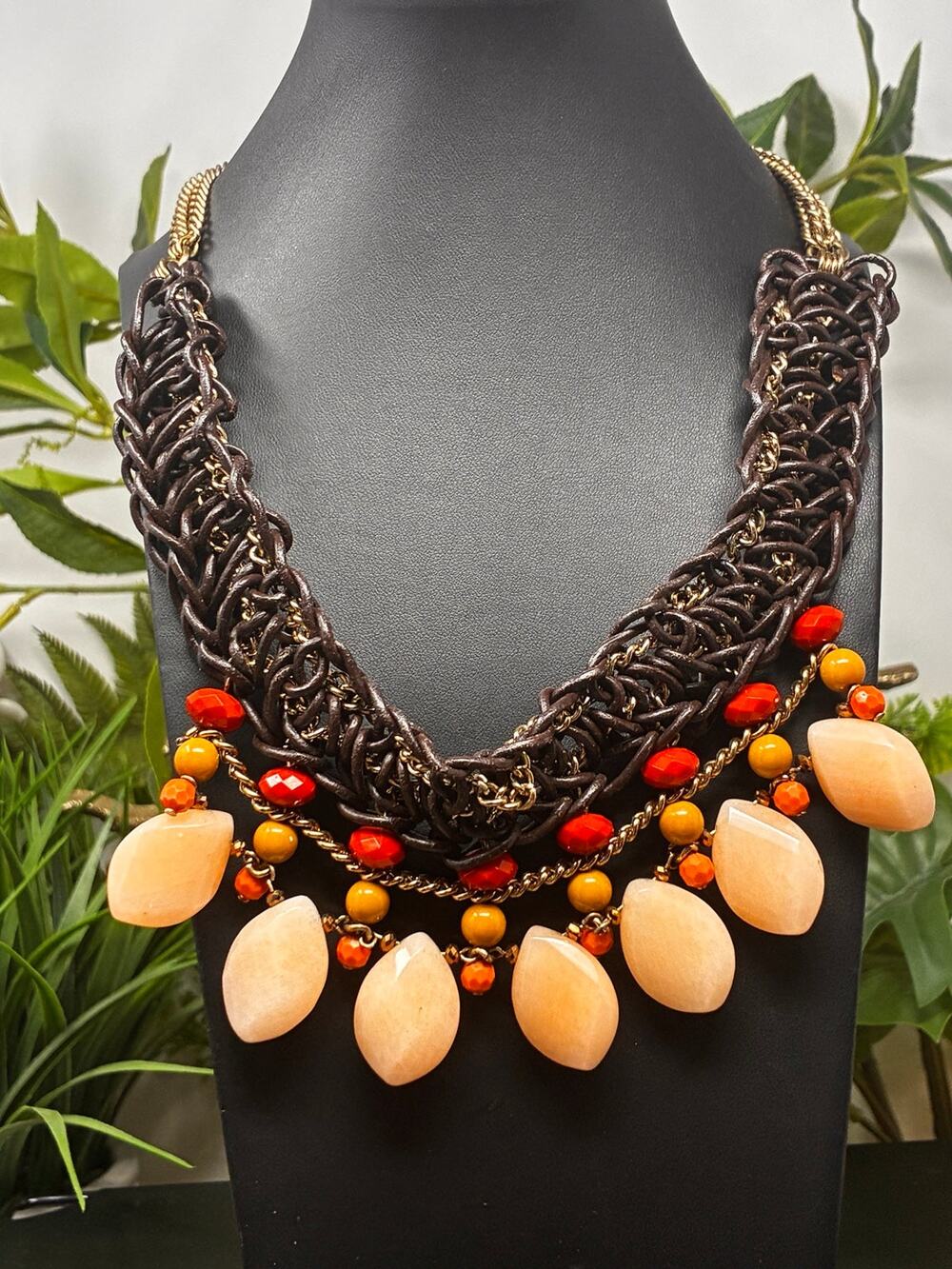 Coldwater Creek Orange Brown Layered Statement Bib Necklace